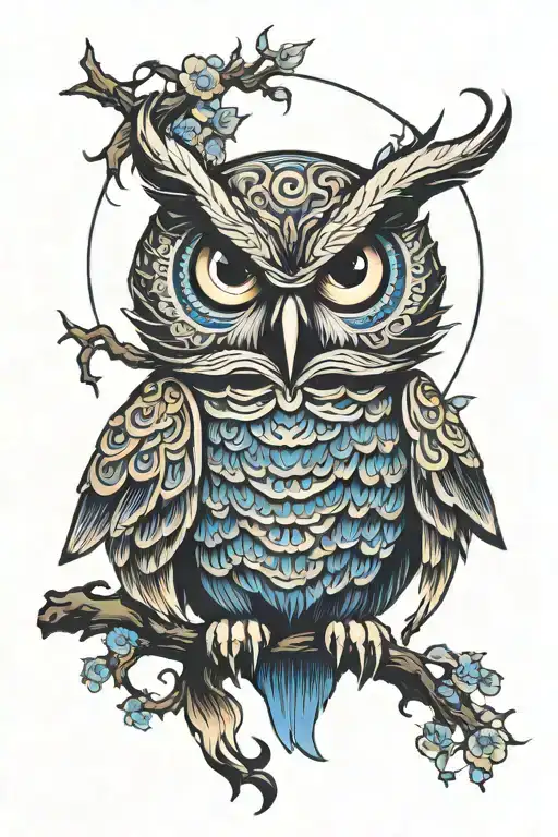  scary owl with blue eyes like fire tattoo design idea