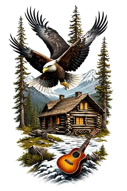 nature scene with log cabin up on a mountain with a bald eagle soaring in the sky with a acoustic guitar tattoo design idea