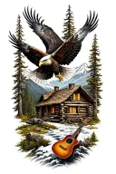 nature scene with log cabin up on a mountain with a bald eagle soaring in the sky with a acoustic guitar tattoo design idea