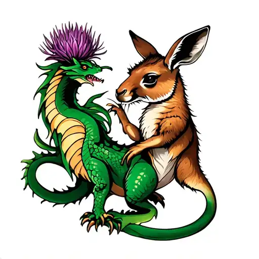 welsh dragon and buff kangaroo scottish thistle intertwined tattoo design idea