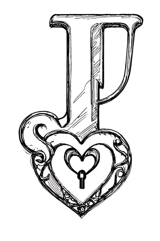 letter j with a heart shaped lock tattoo design idea