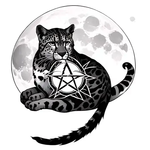 full moon with a pentacle etched into the surface with a snow leopard curled protectively around it tattoo design idea