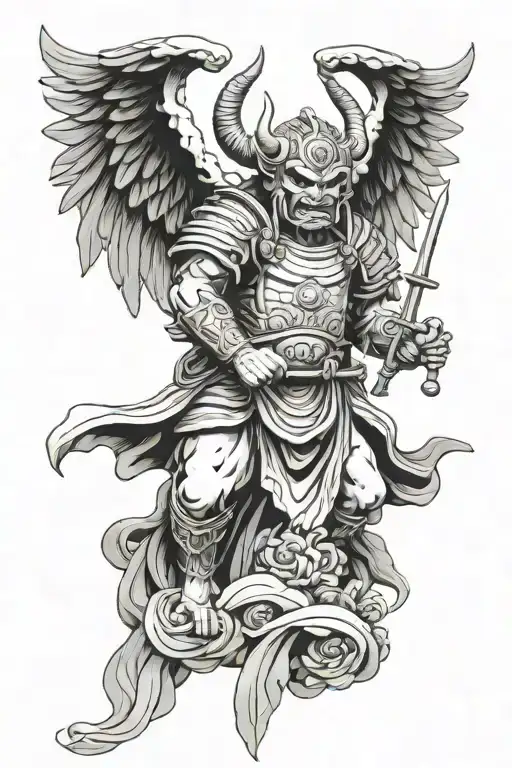 roman angel statue wearing a japanese oni mask holding tattoo design idea