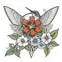 crusader cross, hummingbird, morning glory vine with a baby tattoo design idea