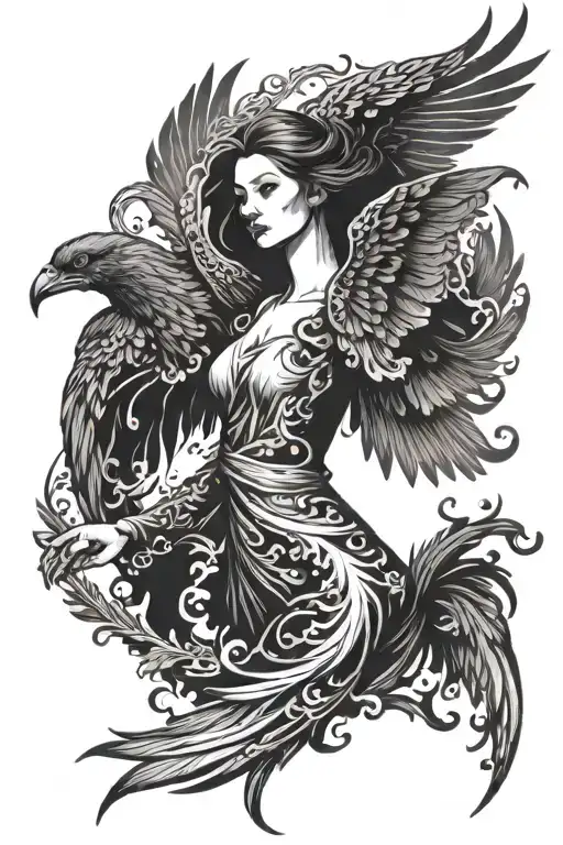 girl - phoenix with outstretched wings tattoo design idea