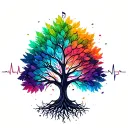 tree ekg line, bunte leaves, roots forming musical notes tattoo design idea