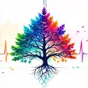 tree ekg line, bunte leaves, roots forming musical notes tattoo design idea