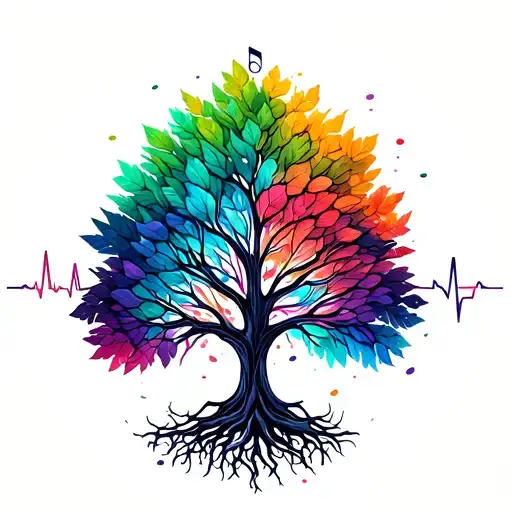 tree ekg line, bunte leaves, roots forming musical notes tattoo design idea