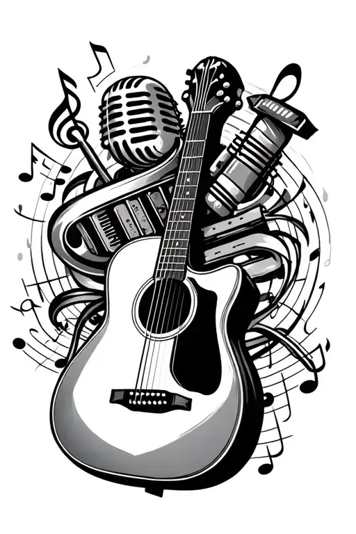 acoustic guitar, microphone, harmonica intertwined with musical notes tattoo design idea