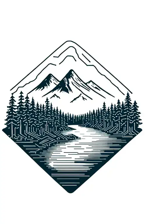 microchip circuit infused with forest with river flowing and  mountain in background  tattoo design idea