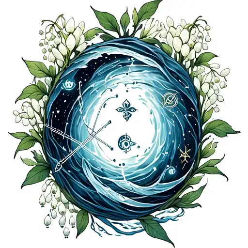 Aquarius and Pisces constellation intertwined vines surrounded by water and lily of the valley and zodiac symbols tattoo design idea