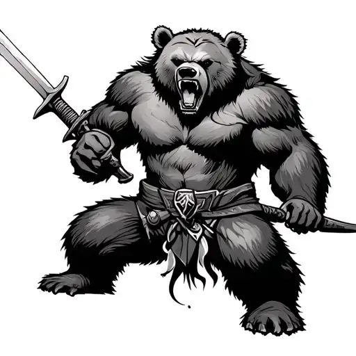 The harsh bear growls and a hero with a sword nearby tattoo design idea