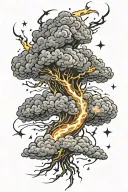 A swirling storm cloud with lightning bolts and stars intertwined, symbolizing the power of nature and the mysteries of the universe tattoo design idea