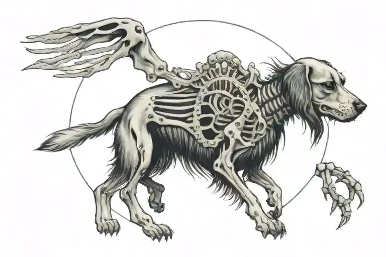 a dog skeleton chasing a rabbit skeleton in a circle tattoo design idea
