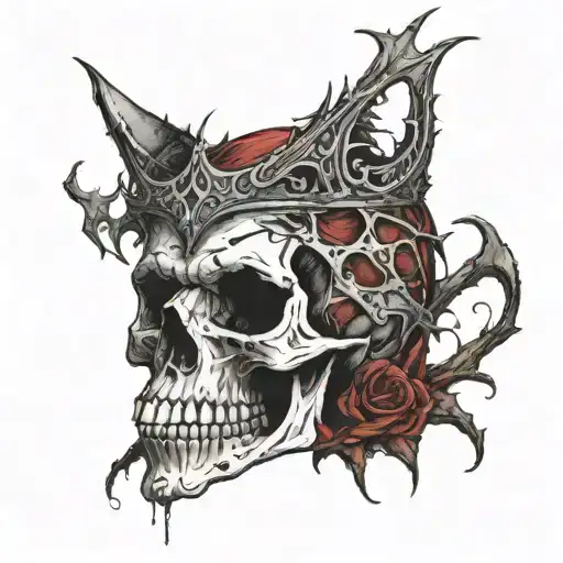 Broken Skull no jaw covered in blood with a diadem of thorns. Cracks, satanic, Satanism. broken teeth, missing teeth. tattoo design idea