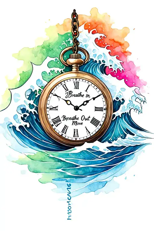 "Breathe In, Breathe Out, Move On" with a wave in blue green pink orange and surrounding a broken pocket watch  tattoo design idea