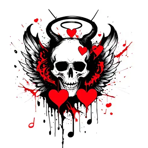 music note,hearts,bard wire, skull, devil horns, halo, demon wings tattoo design idea