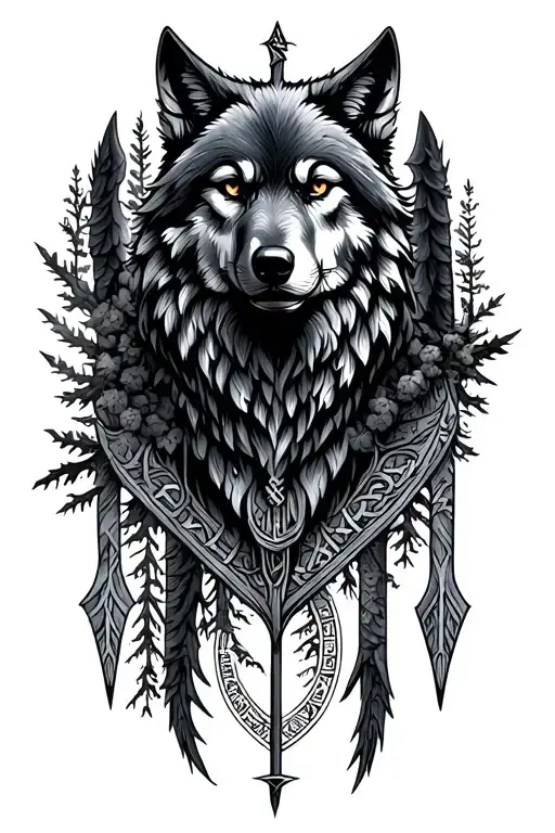 Norse mythology arrow. With wolf head as arrow tip, trees and  runes for arrow stem, and raven wings for arrow tail.   tattoo design idea