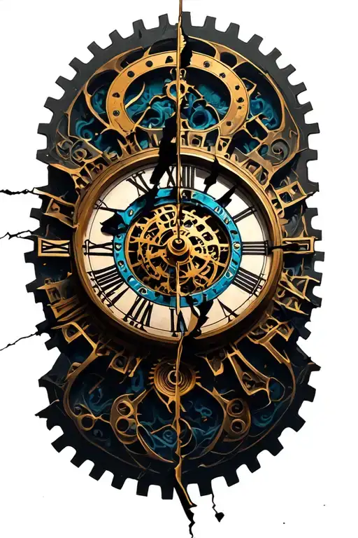 broken clock face, Roman numeral, cog tattoo design idea