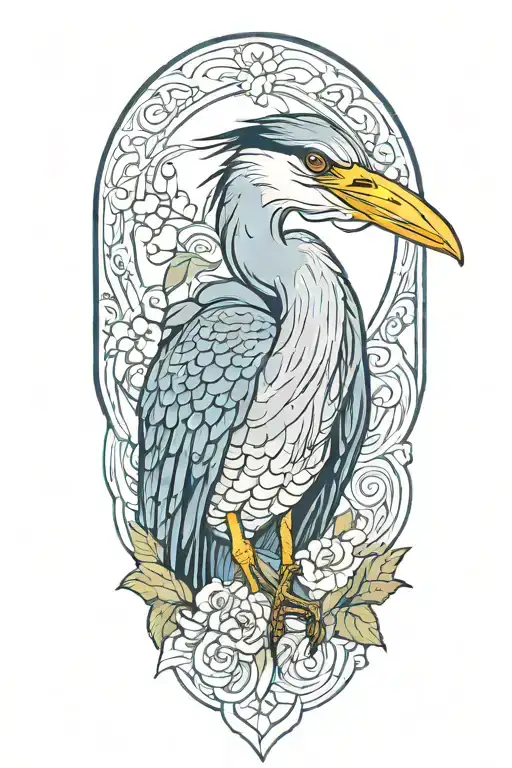 blue heron portrait, looking down, with wings spread tattoo design idea