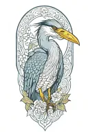 blue heron portrait, looking down, with wings spread tattoo design idea