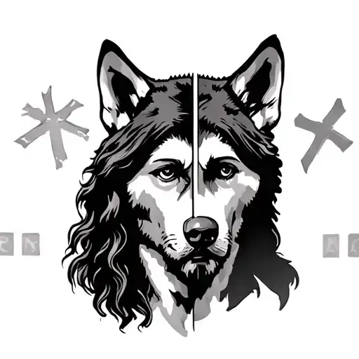 half of jesus face with half of a husky's face with 3 crosses at the bottom tattoo design idea