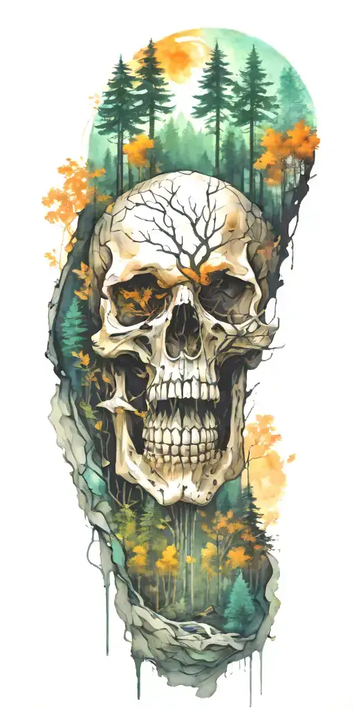 massive forest landscape with hidden negative space skull tattoo design idea