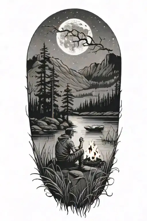 Man, woman, child, sitting at campfire overlooking lake. Trees and mountains in background. Moon. Scorpion in tall grass tattoo design idea