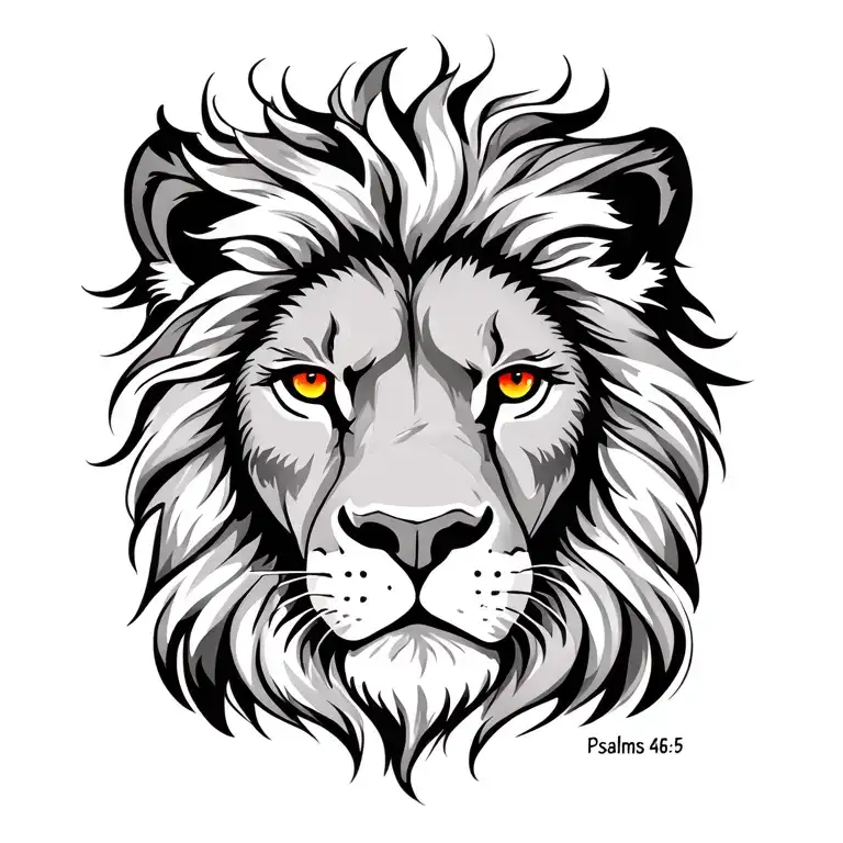 lion face with color eyes, with "Psalms 46:5" placed in the lions mane tattoo design idea