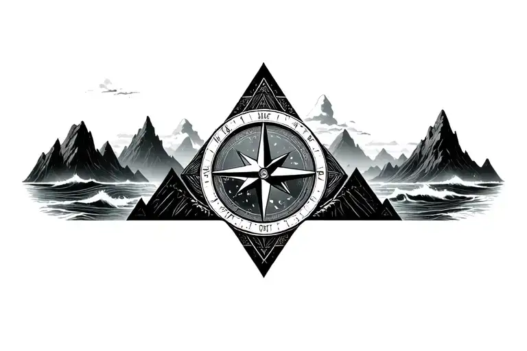 large compass surrounded by intricate geometric mountains, jungle and crashing waves, black and white, triangle frame tattoo design idea