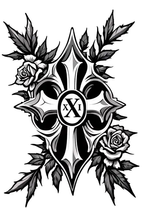 Gothic fleur-de-lis styled cross featuring "XXIII" in the center of cross, backgrounded by sharp prickly leaves and rose tattoo design idea
