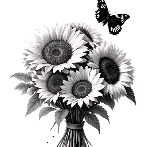 bouquet sunflowers with cardinal landing and butterfly tattoo design idea