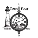 clock with text "TEMPUS FUGIT" above and "MEMENTO MORI" below and a lighthouse in the clock tattoo design idea