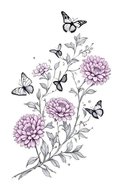chrysanthemum flowers and carnation flowers and candytuft flowers on one vine going up with butterflys tattoo design idea
