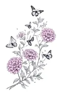 chrysanthemum flowers and carnation flowers and candytuft flowers on one vine going up with butterflys tattoo design idea
