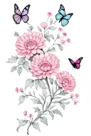 chrysanthemum flowers and carnation flowers and candytuft flowers on one vine going up with butterflys tattoo design idea