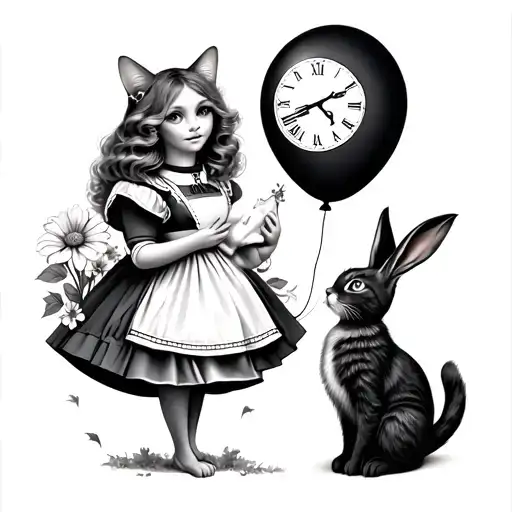 sleeve tattoo alice in wonderland alice holding the chesire cat as a balloon talking flowers bunny with clock tattoo design idea