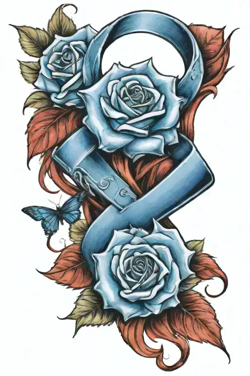 blue cancer ribbon with red roses intertwined within tattoo design idea