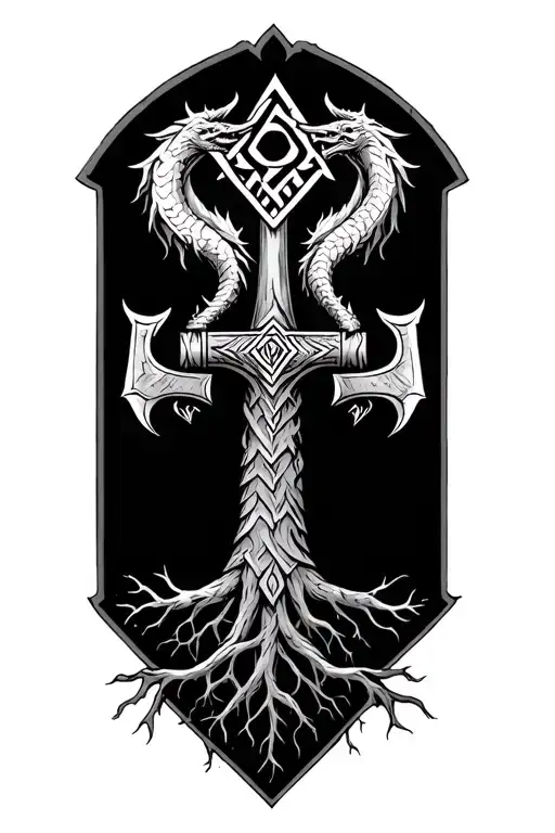 thors hammer, valknut symbol, tree of life with roots, 2 wyrms. viking style tattoo design idea