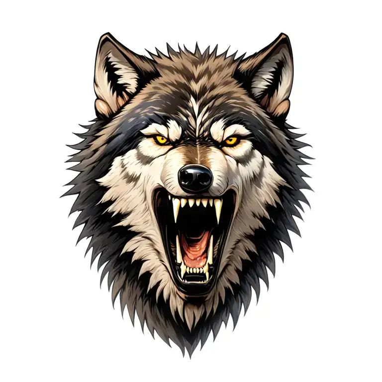 angry wolf head side on mouth open with teeth blaring tattoo design idea