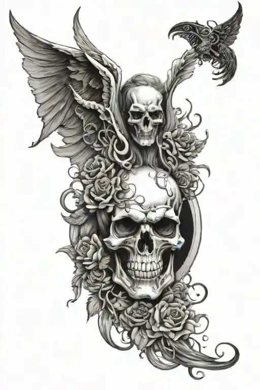 whip shading, flowers, skull, angel and demon, halfmoon, full sleeve tattoo design idea
