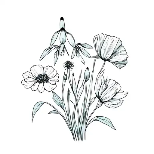 bouqet with the following flowers: snowdrop, marigold and poppy tattoo design idea
