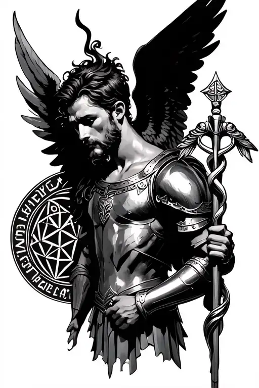  a male angel in Greek armor holding a caduceus staff with sacred geometry in the back and script tattoo design idea