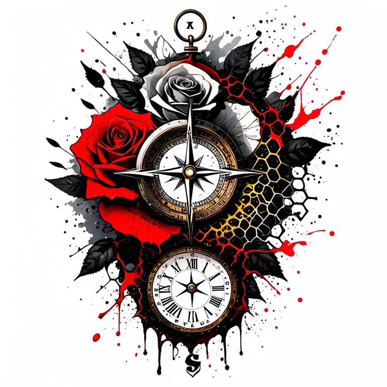 compass, clock, honeycomb, and rose intertwined tattoo design idea