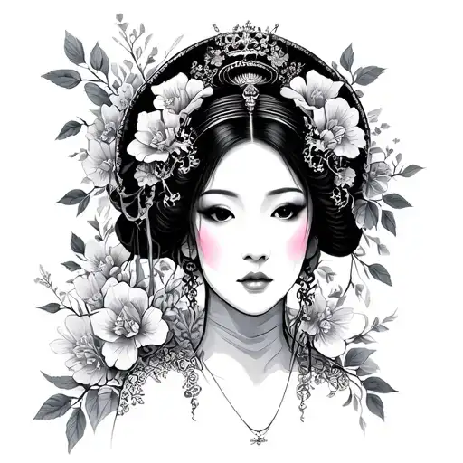 Turandot, from Puccini's opera, with floral elements. Similiar to the original portrait  tattoo design idea