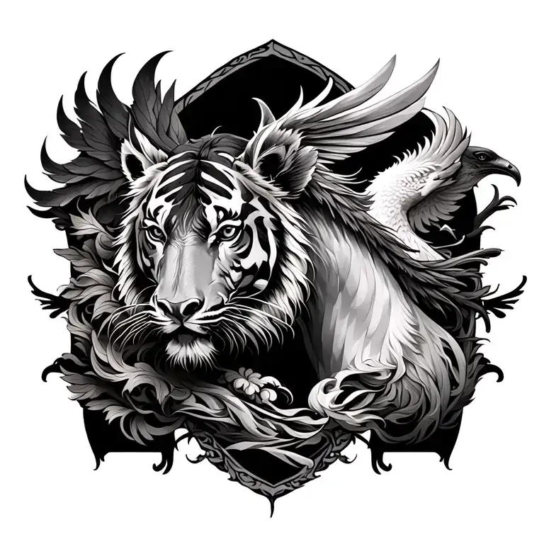 back tattoo with tiger, horse and phoenix tattoo design idea