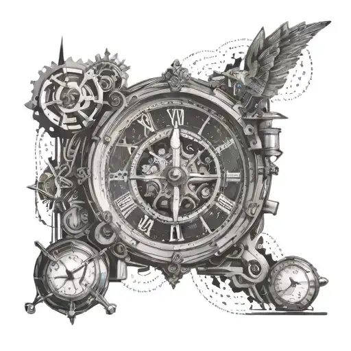 A tattoo design inspired by the concept of time travel, incorporating elements of history, literature, and physics theories in a visually striking composition tattoo design idea