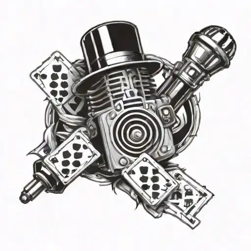 A tattoo of a vintage microphone intertwined with playing cards and dice, symbolizing your love for music and gambling tattoo design idea