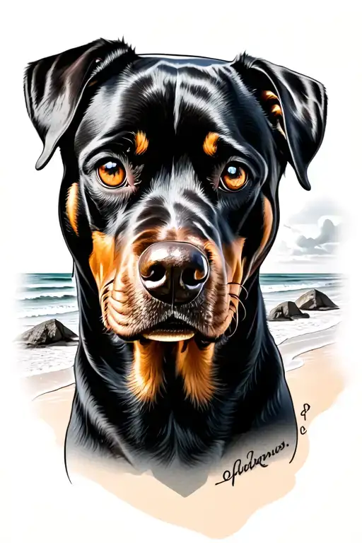 Rottweiler face with a beach scene in his eyes tattoo design idea