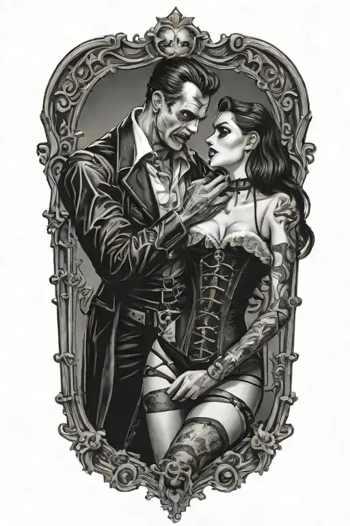 realistic scene of a gothic pinup girl waering half corset and fishnets being bitten by a scary male vampire tattoo design idea
